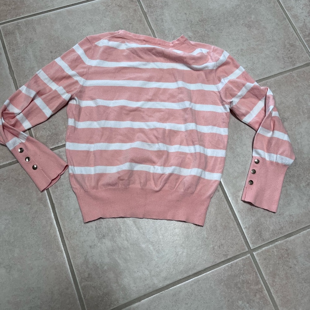 Philosophy Pink and White Striped Crewneck Sweater with Button Cuffs